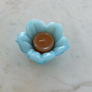GLASS BLUE VOTIVE AND CANDLE